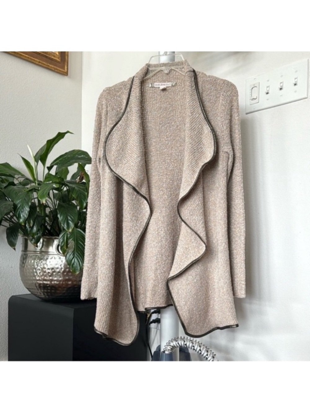Chelsea & Violet Knit Open Front Sweater Cardigan Sz XS Beige Faux Leather Trim